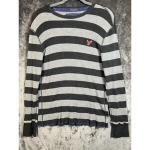 American Eagle Striped Thermal Waffle Knit Long Sleeve Gray Black XL Vintage Y2K